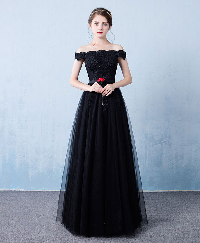 Off-The-Shoulder Floral Lace Appliqué Tulle Prom Dress With Lace-Up Back