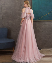High Neck A-line Floor-Length Tulle & Lace Prom Dress with Sheer Puff Sleeves