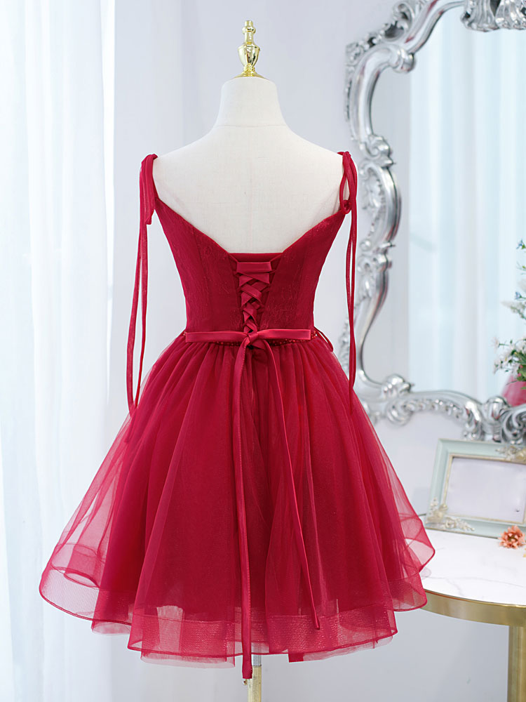 A-Line Sweetheart Short Red Tulle Homecoming Dress with Lace Bodice