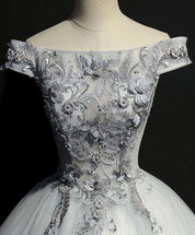 Off-Shoulder A-Line Floor-Length Tulle Prom Dress with Lace Appliqué