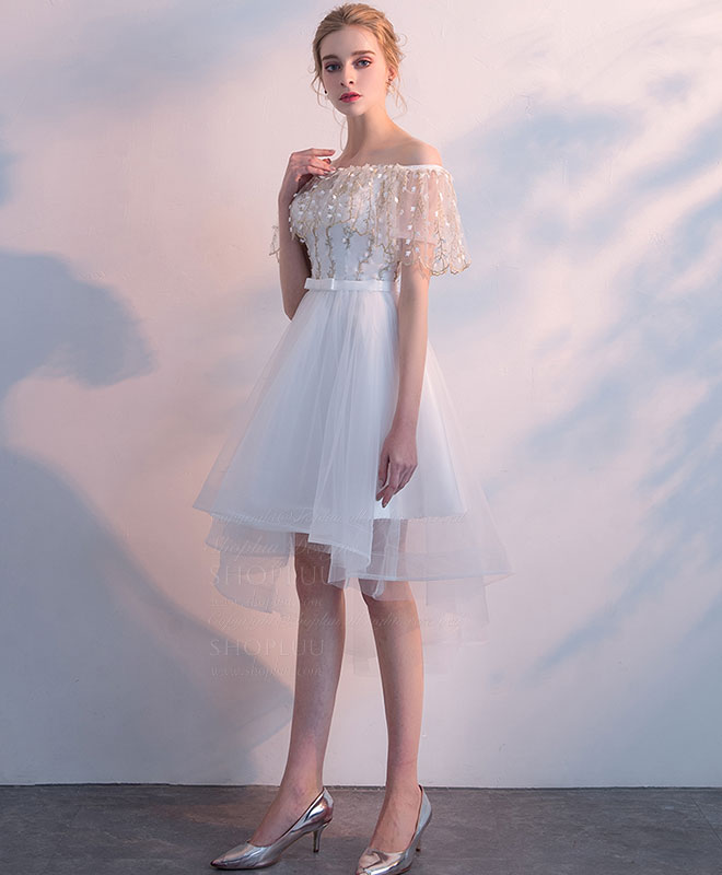 A-Line Off-the-Shoulder High-Low Ivory Tulle Homecoming Dress with Beaded Lace Cape Sleeves