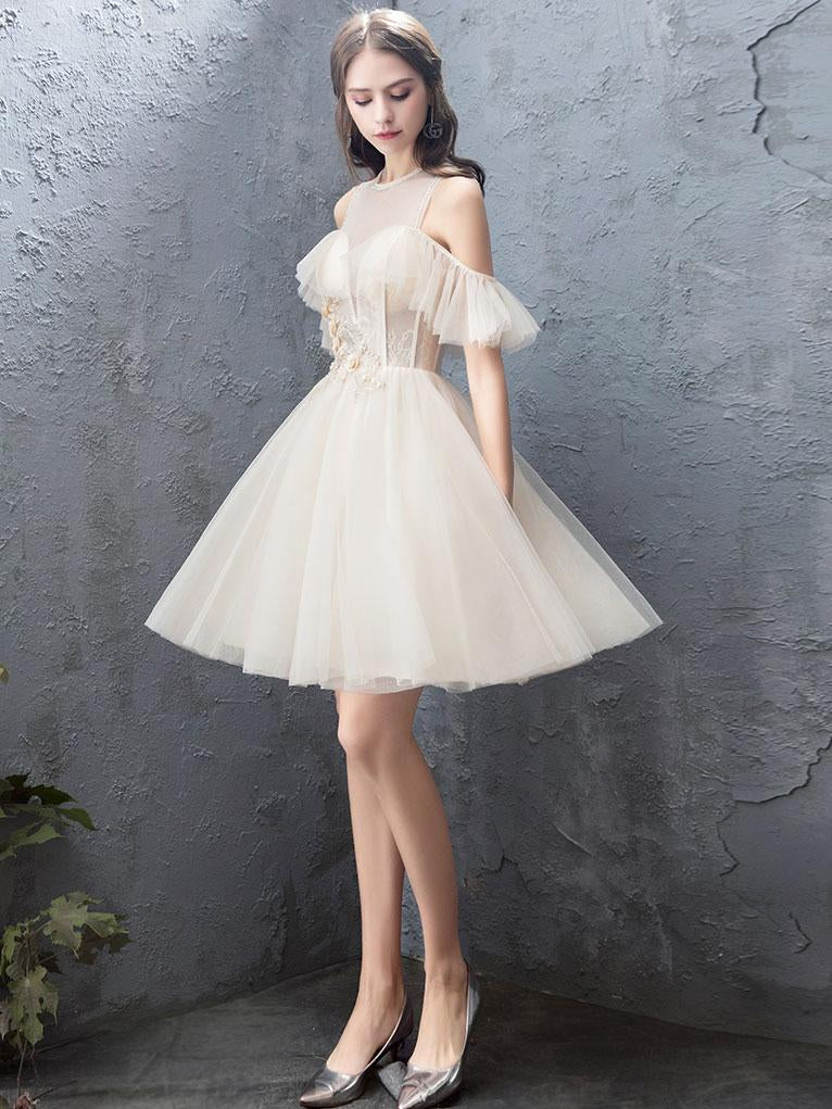 A-Line Illusion Neck Knee-Length Champagne Tulle Homecoming Dress with Cold-Shoulder Sleeves & Floral Lace Appliqué