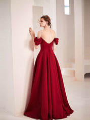 A-Line Burgundy Illusion V Neck Floor-Length Satin Prom Dress with Embellished Neckline