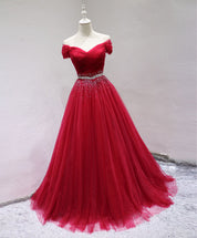 A-Line Sweetheart Floor-Length Tulle Beaded Sequin Red Prom Dress