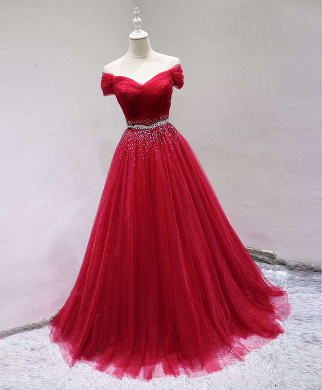 A-Line Sweetheart Floor-Length Tulle Beaded Sequin Red Prom Dress