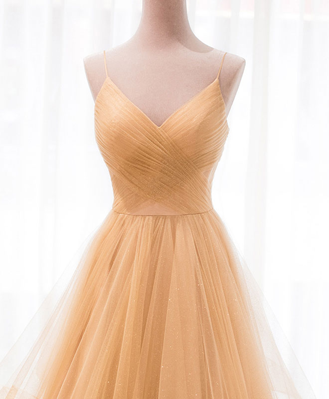 A-Line Champagne V-Neck Floor-Length Tulle Prom Dress with Layered Ruffle Skirt