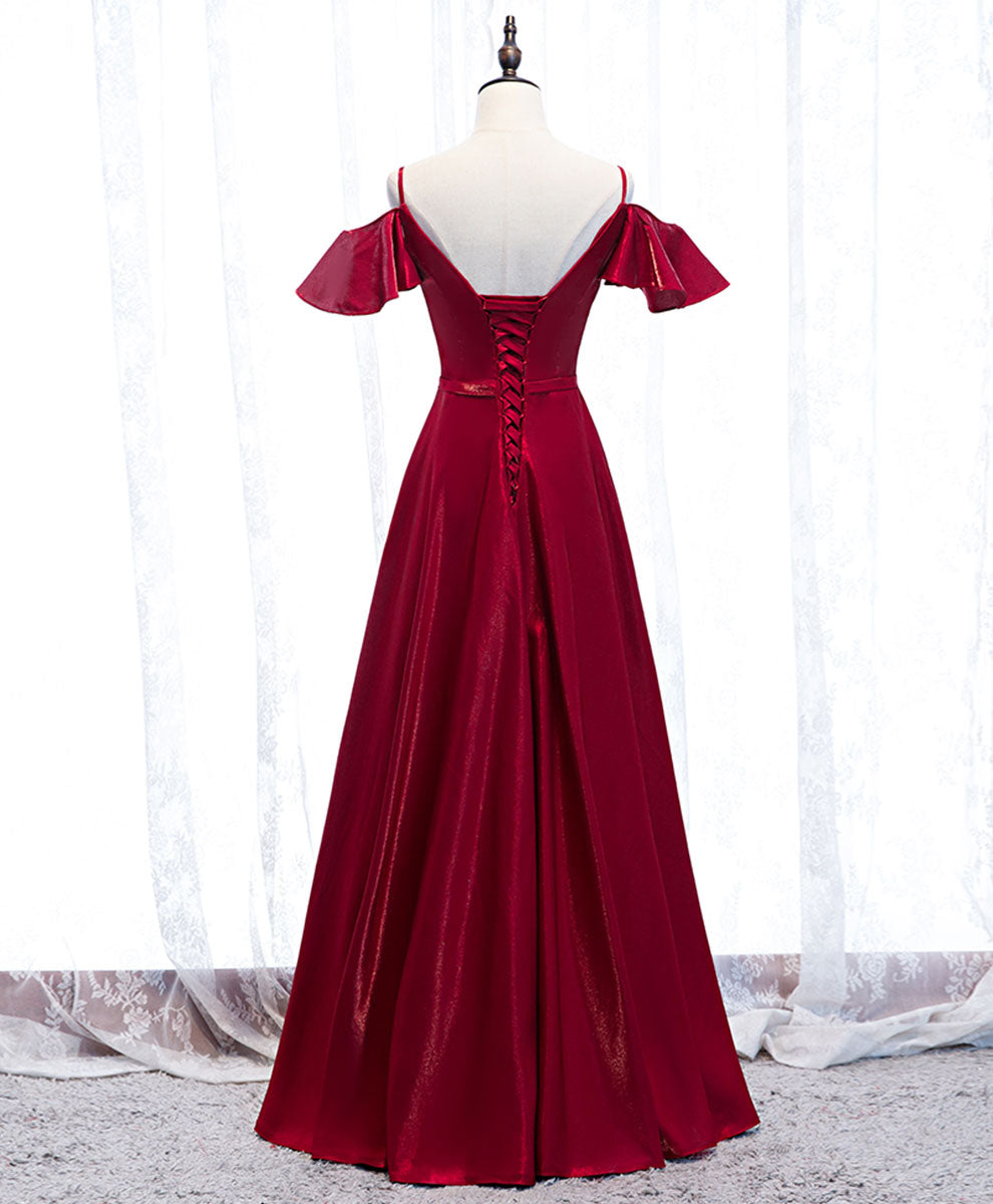 A-Line Burgundy Deep V-Neck Floor-Length Satin Prom Dress with Cold-Shoulder Ruffle Sleeves