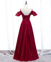 A-Line Burgundy Deep V-Neck Floor-Length Satin Prom Dress with Cold-Shoulder Ruffle Sleeves