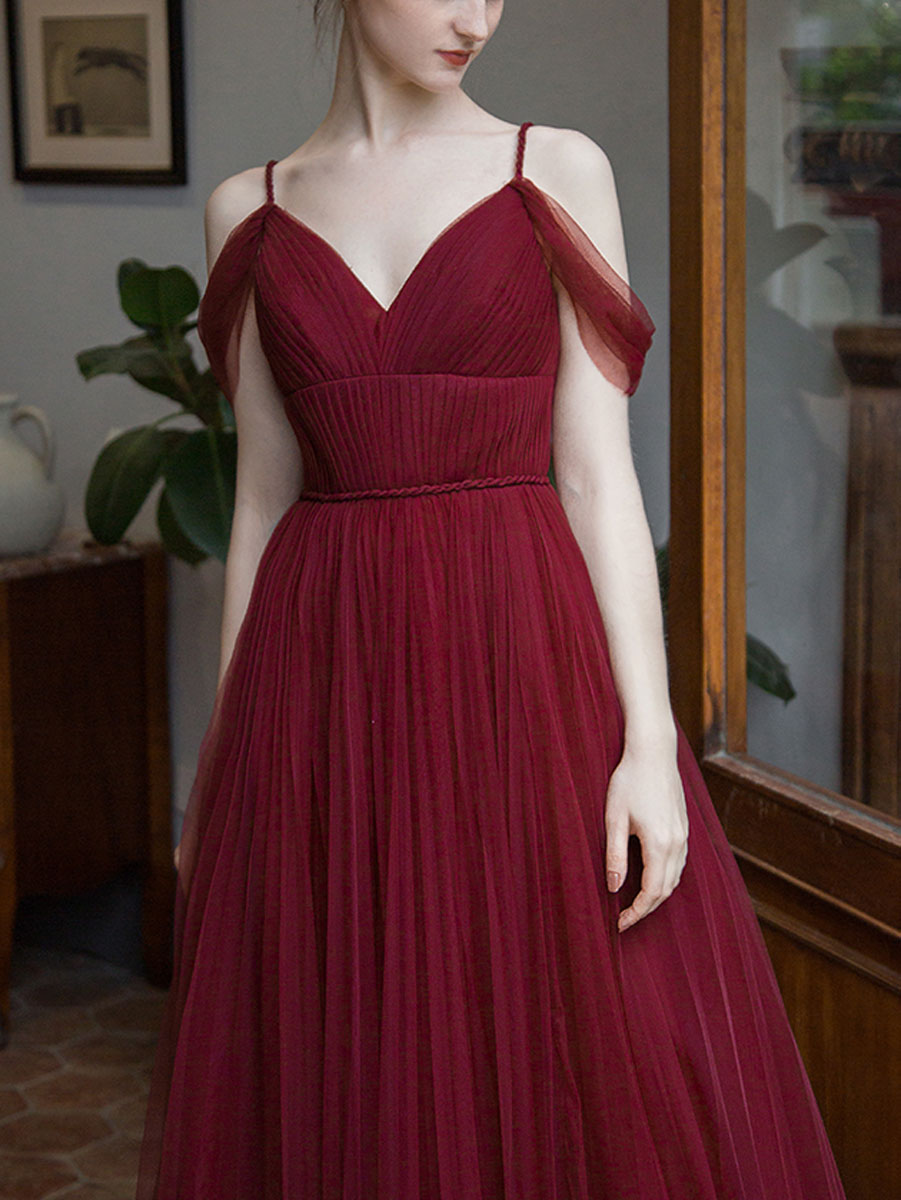 A-Line V-Neck Floor-Length Burgundy Tulle Prom Dress with Draped Cold-Shoulder Straps