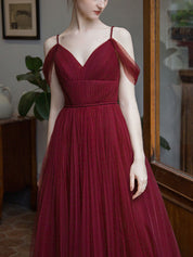 A-Line V-Neck Floor-Length Burgundy Tulle Prom Dress with Draped Cold-Shoulder Straps