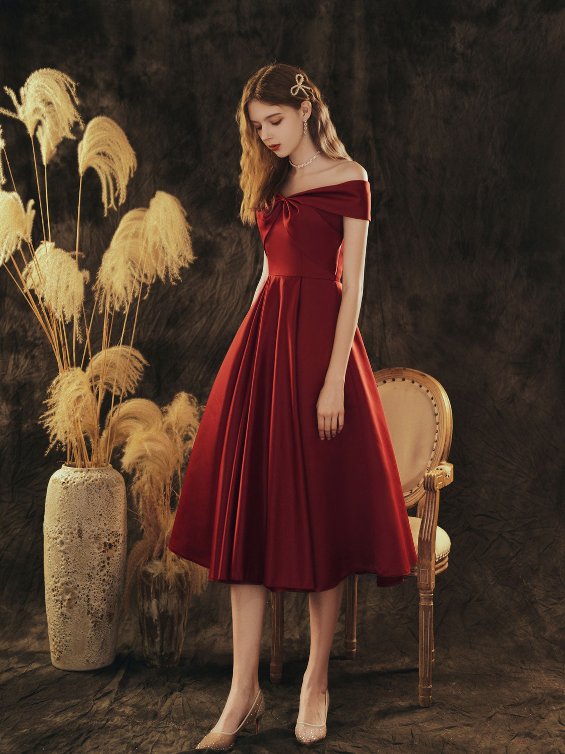 A-Line Off-the-Shoulder Knee-Length Burgundy Satin Prom Dress with Draped Bodice