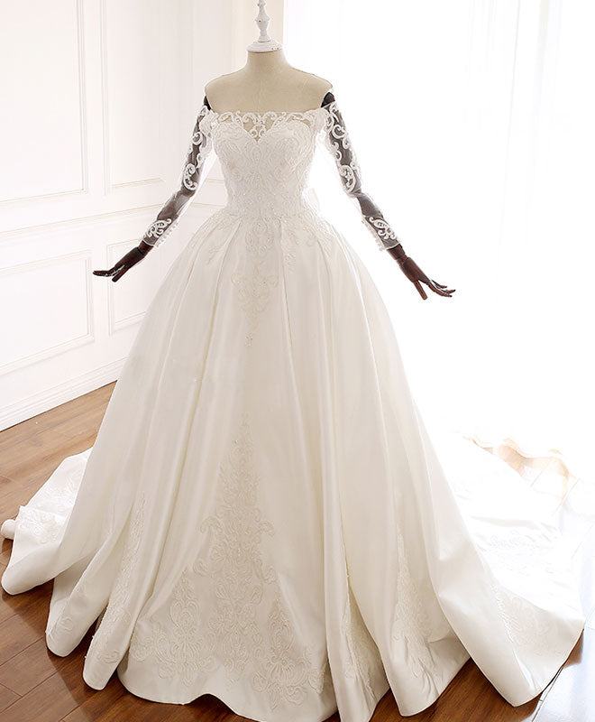 Off-Shoulder A-Line Floor-Length Satin Gown Wedding Dress with Lace Appliqué