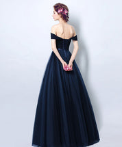 A-Line Off-the-Shoulder Floor-Length Navy Tulle Prom Dress