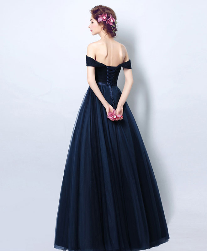 A-Line Off-the-Shoulder Floor-Length Navy Tulle Prom Dress