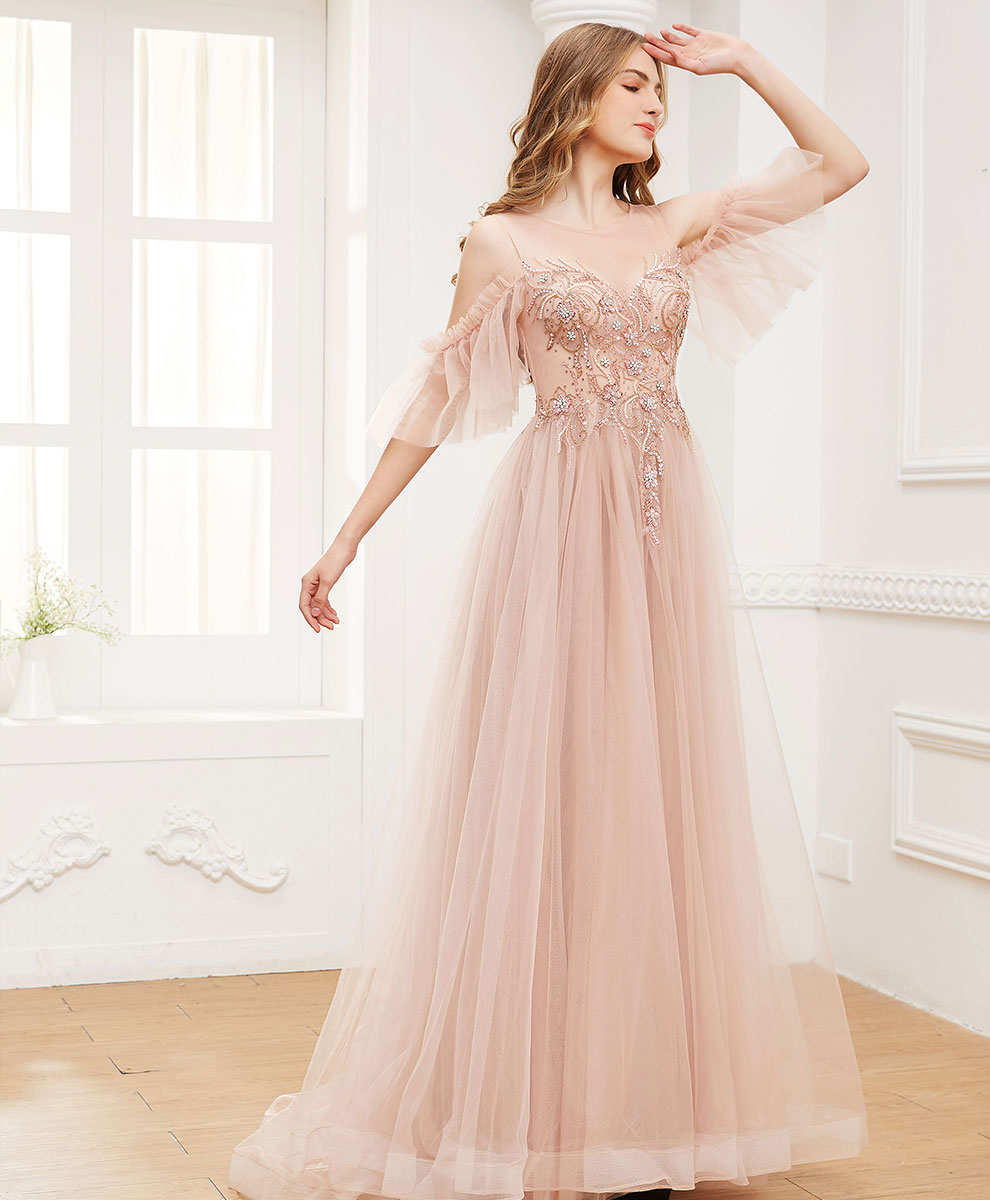 A-Line Blush Illusion Neck Floor-Length Tulle Prom Dress with Beaded Sequin Embroidery