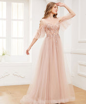 A-Line Blush Illusion Neck Floor-Length Tulle Prom Dress with Beaded Sequin Embroidery