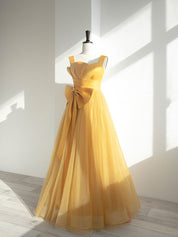 Mustard A-Line Square Neck Floor-Length Satin & Tulle Prom Dress with Oversized Bow Detail