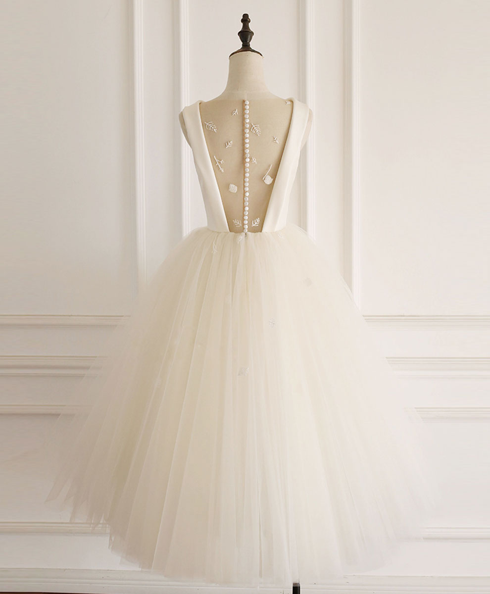 A-Line Bateau Neck Knee-Length Ivory Tulle and Beaded Homecoming Dress with Illusion Back