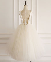 A-Line Bateau Neck Knee-Length Ivory Tulle and Beaded Homecoming Dress with Illusion Back