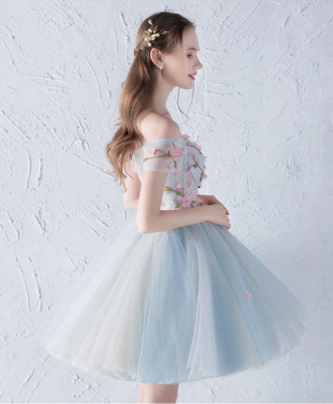 Off-the-Shoulder Floral Embroidered Tulle Short Homecoming Dress with Bow Detail