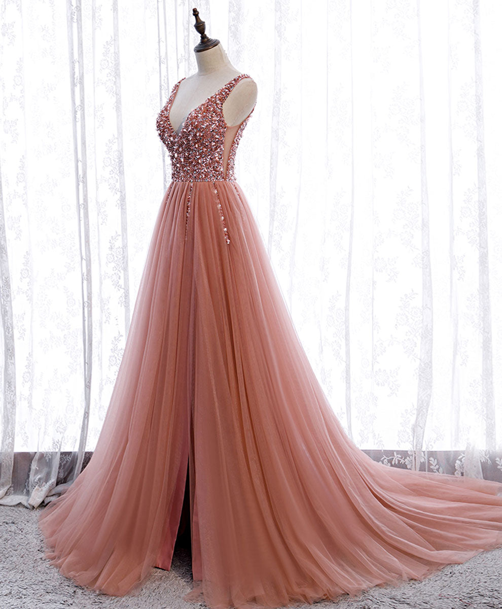 A-Line Blush Pink V-Neck Floor-Length Tulle Beaded Prom Dress with Sparkling Bodice and Front Slit