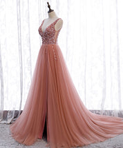 A-Line Blush Pink V-Neck Floor-Length Tulle Beaded Prom Dress with Sparkling Bodice and Front Slit