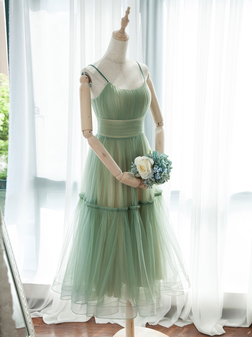 A-Line Scoop Neck Tea-Length Sage Green Tulle Homecoming Dress with Tiered Skirt