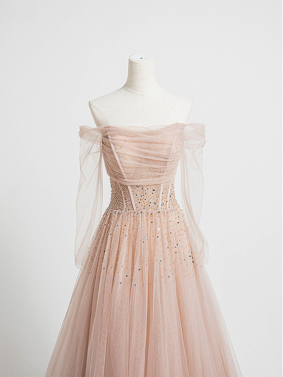 A-Line Off-the-Shoulder Floor-Length Blush Tulle Beaded Prom Dress with Soft Tulle Sleeves