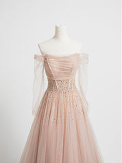 A-Line Off-the-Shoulder Floor-Length Blush Tulle Beaded Prom Dress with Soft Tulle Sleeves