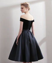 A-line Off-the-Shoulder Knee-Length Satin & Velvet Dress with Pleated Skirt Homecoming Dress