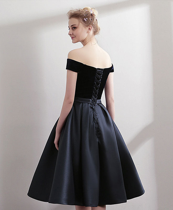 A-line Off-the-Shoulder Knee-Length Satin & Velvet Dress with Pleated Skirt Homecoming Dress