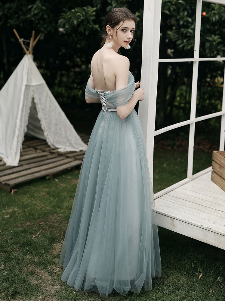 A-Line Dusty Blue One-Shoulder Floor-Length Tulle Prom Dress with Draped Bodice