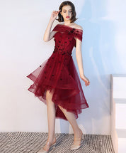 A-line Off-the-Shoulder High-Low Tulle Dress with Lace Appliqué Homecoming Dress