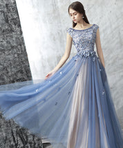 A-line Scoop Neck Cap Sleeve Tulle Prom Dress with 3D Floral Appliques