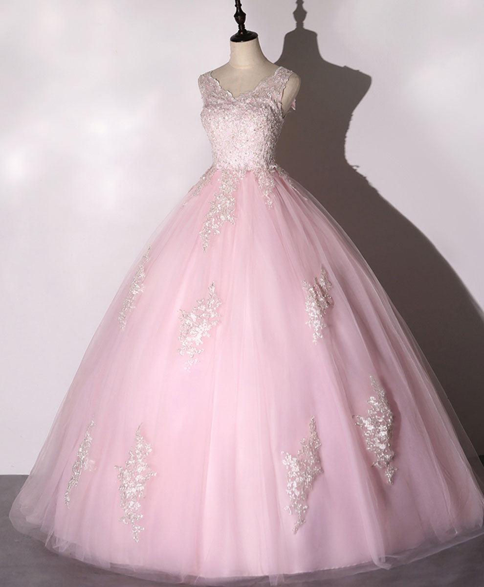 Ball Gown Blush Pink V-Neck Floor-Length Tulle Prom Dress with Lace Appliqué and Soft Glitter Accents
