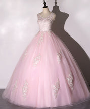 Ball Gown Blush Pink V-Neck Floor-Length Tulle Prom Dress with Lace Appliqué and Soft Glitter Accents