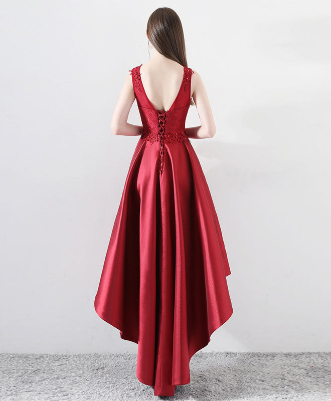 A-Line Sleeveless Scoop Neck High-Low Red Satin Homecoming Dress with Lace Bodice