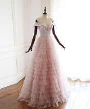 A-line Off-the-Shoulder Sweetheart Floor-Length Tulle Tiered Ruffle Prom Dress