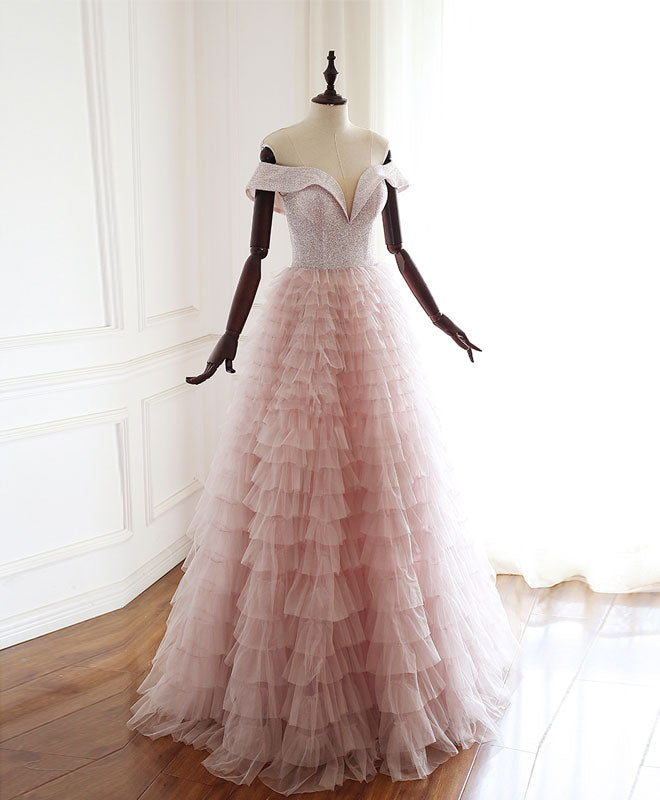A-line Off-the-Shoulder Sweetheart Floor-Length Tulle Tiered Ruffle Prom Dress