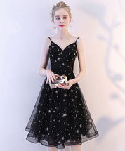 A-Line Sweetheart Neck Knee-Length Black Tulle Star Embroidered Homecoming Dress