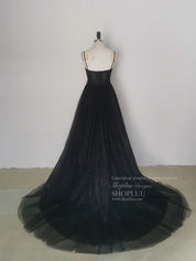 A-Line Black Sweetheart Floor-Length Tulle High Slit Prom Dress