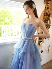 A-Line Sweetheart Neck Floor-Length Blue Tulle Layered Prom Dress with Glitter Finish