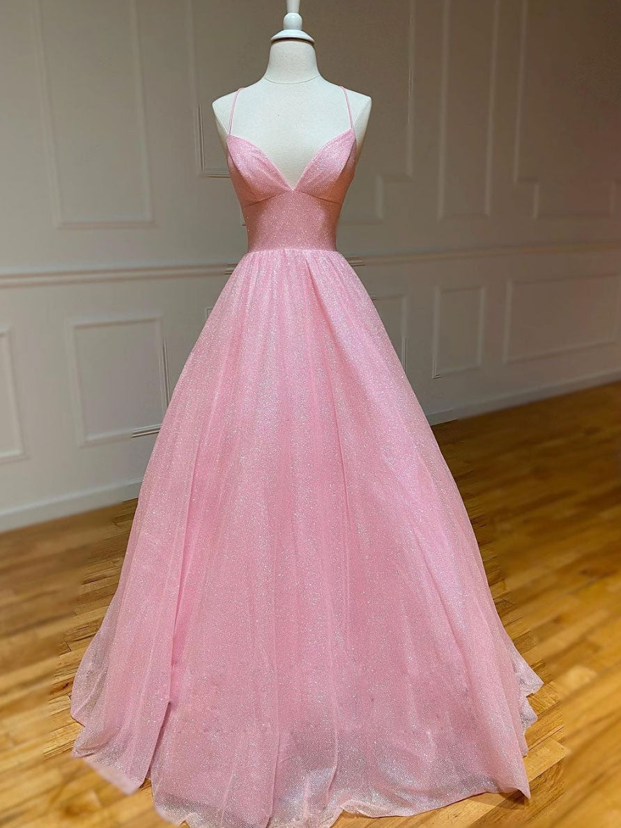 A-Line V-Neck Floor-Length Pink Tulle Sequin Prom Dress with Subtle Shimmer