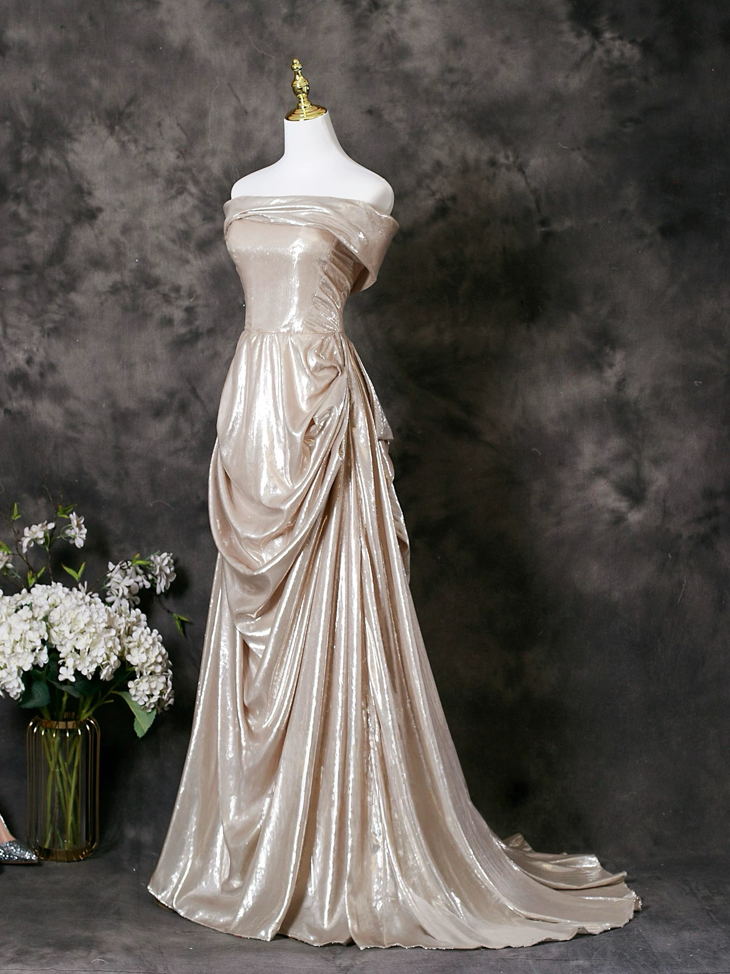 A-Line Off Shoulder Satin Champagne Long Prom Dress with Lace-Up Back