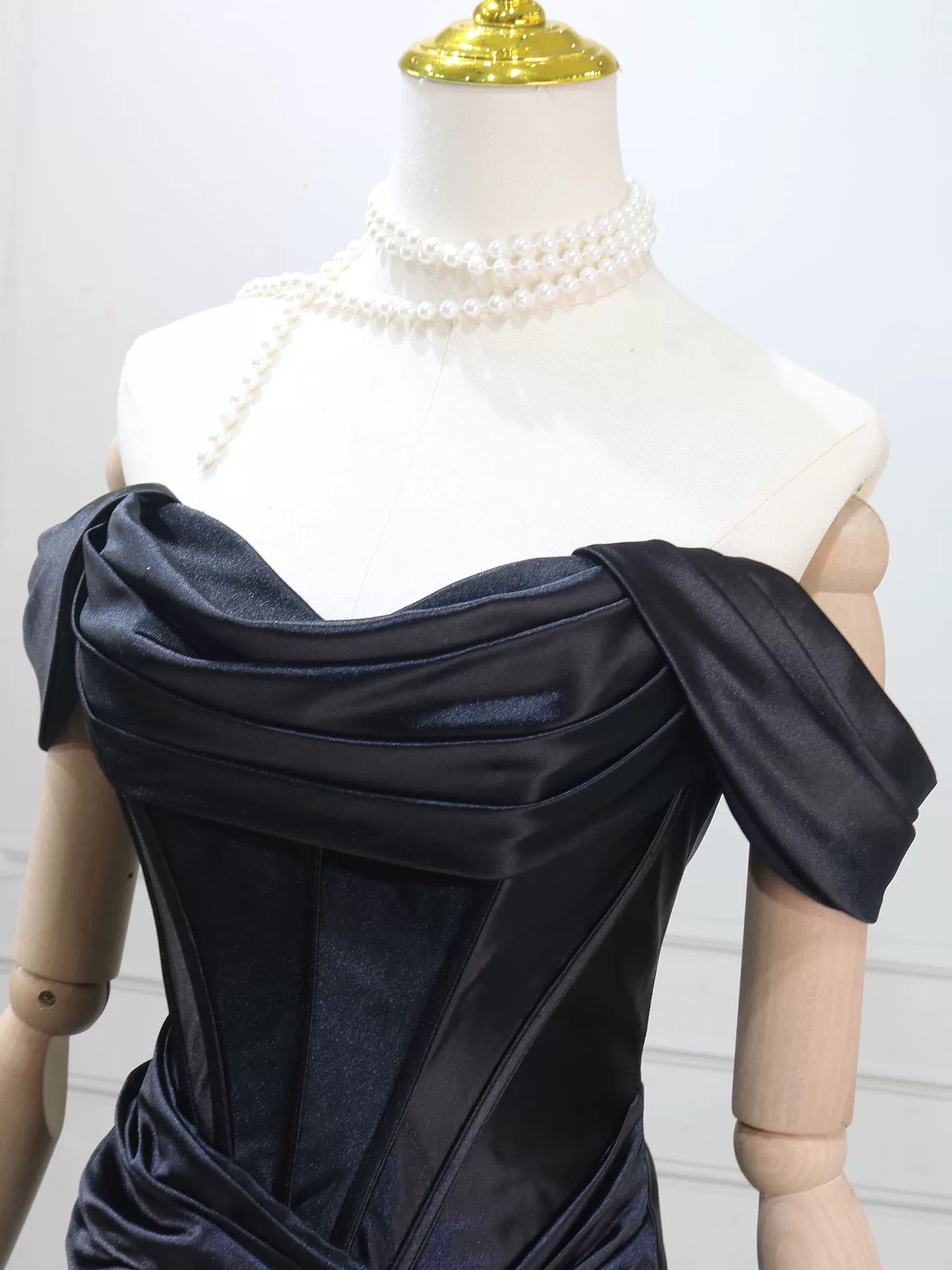 Off Shoulder Satin Draped Long Prom Dress with Lace-Up Back