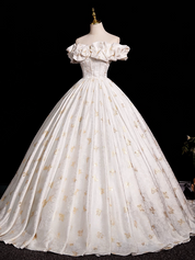 A-Line Off Shoulder Printed Satin Light Champagne Long Prom Dress with Lace-Up Back