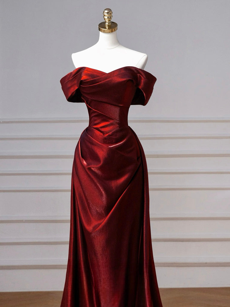 Simple Off Shoulder Satin Burgundy Long Prom Dress, Burgundy Long Formal Dress
