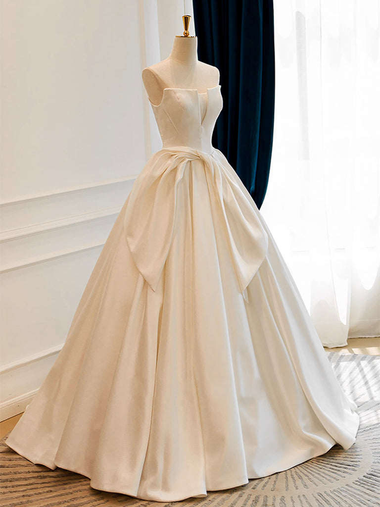 Elegant Strapless A-Line Satin Prom Dress with Bow Detail