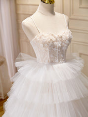 Ball Gown Sweetheart Spaghetti Straps Floor-Length White Tulle Prom Dress with Tiered Ruffle Skirt