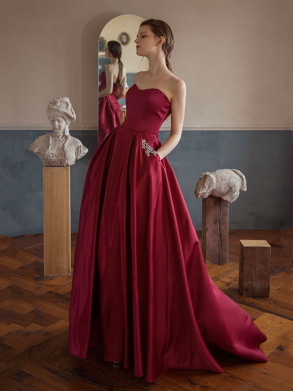 Burgundy A-Line Sweetheart Floor-Length Satin Prom Dress with Beaded Pocket Detail